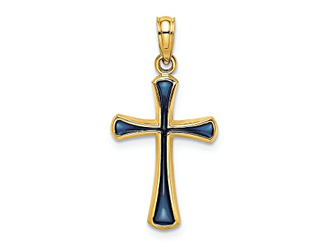 14k Yellow Gold Blue Enameled Tapered Cross Charm