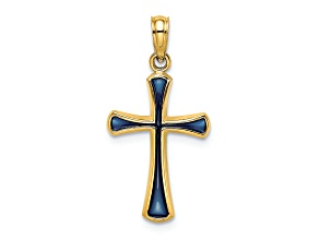 14k Yellow Gold Blue Enameled Tapered Cross Charm