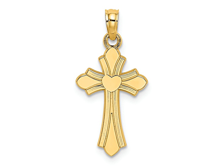 14k Yellow Gold Polished Cross with Heart Charm