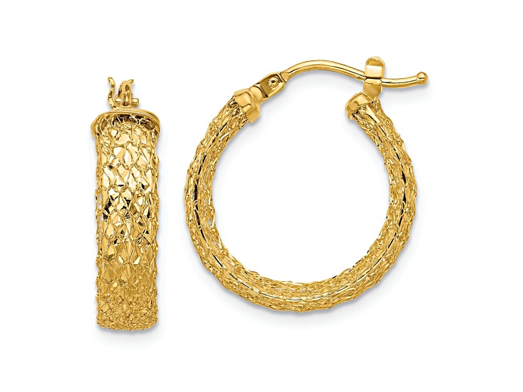 14k Yellow Gold 3/4 inch Polished Textured and Diamond-Cut Hoop Earrings