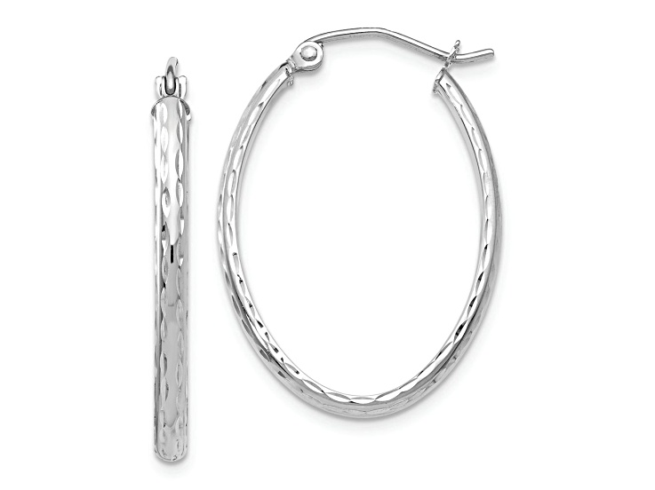 Rhodium Over 14k White Gold Diamond-Cut 1 1/8" Oval Hoop Earrings