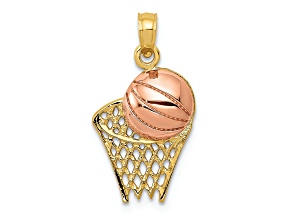 10K Yellow Gold and 10K Rose Gold Textured Basketball Hoop with Ball Pendant