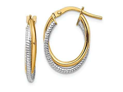 14k Yellow Gold and 14k White Gold Polished/Textured 11/16" Double Oval Hoop Earrings