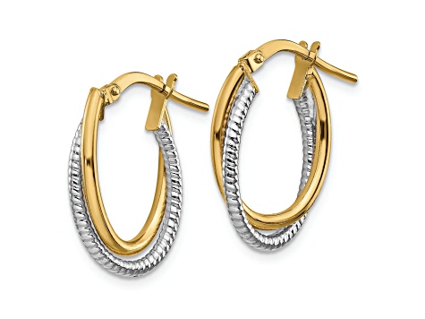 14k Yellow Gold and 14k White Gold Polished/Textured 11/16" Double Oval Hoop Earrings