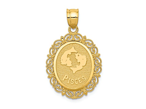 14k Yellow Gold Solid Satin, Polished and Textured Pisces Zodiac Oval Pendant