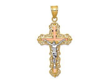Picture of 14K Yellow, White and Rose Gold Diamond-cut Crucifix Pendant