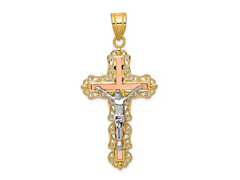 14K Yellow, White and Rose Gold Diamond-cut Crucifix Pendant