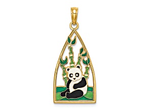 14k Yellow Gold Enamel Panda Bear and Bamboo Pendant