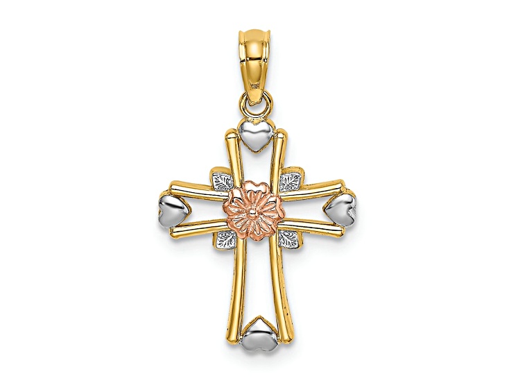 14k Tri-color Gold Cross with Flower and Heart Charm - 19TGFA | JTV