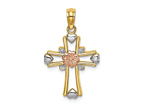 14k Tri-color Gold Cross with Flower and Heart Charm