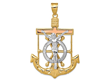 Picture of 14k Yellow Gold, 14k White Gold and 14k Rose Gold Diamond-Cut with Textured Mariner's Cross Pendant