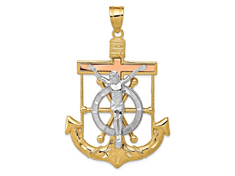 14k Yellow Gold, 14k White Gold and 14k Rose Gold Diamond-Cut with Textured Mariner's Cross Pendant