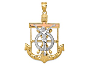 14k Yellow Gold, 14k White Gold and 14k Rose Gold Diamond-Cut with Textured Mariner's Cross Pendant
