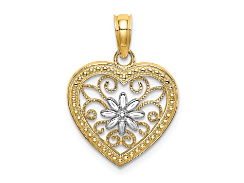 14K Two-tone Gold  Textured Heart Flower Filigree Charm