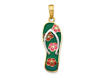 Picture of 14K Yellow Gold with White Rhodium 3D Enameled Flowers On Green Flip Flop Pendant