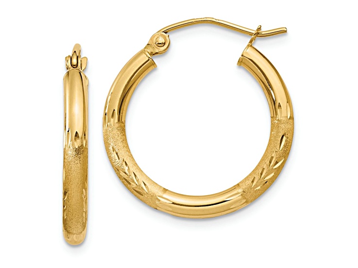 14k Yellow Gold Satin and Diamond-cut 13/16" Round Hoop Earrings