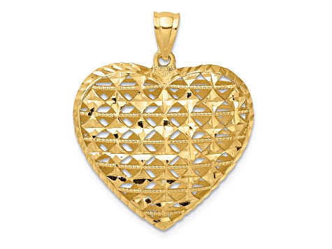 14k Yellow Gold 3D Cut-out Diamond-Cut Puffed Heart Pendant