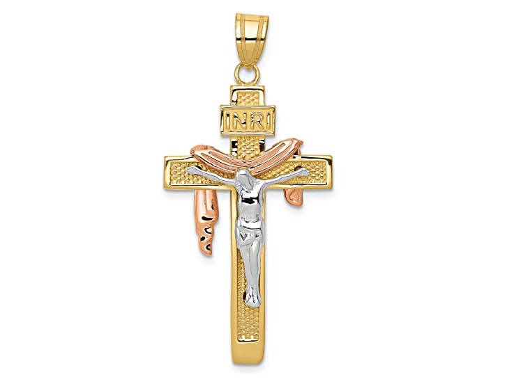 10K Yellow Gold, 10K White Gold and 10K Rose Gold Textured Large Draped INRI Crucifix Pendant