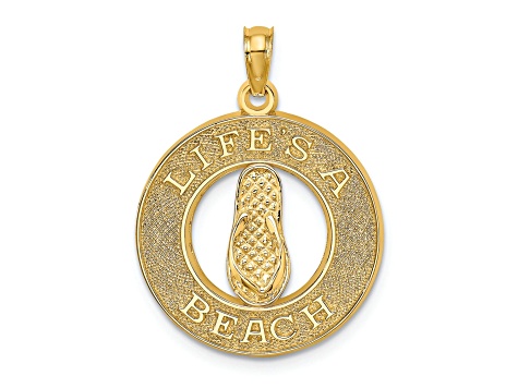 14k Yellow Gold Textured Life's A Beach Circle with Flip-Flop pendant