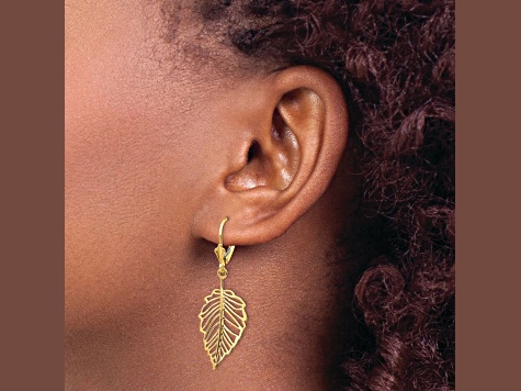 14K Yellow Gold Polished Leaf Leverback Earrings