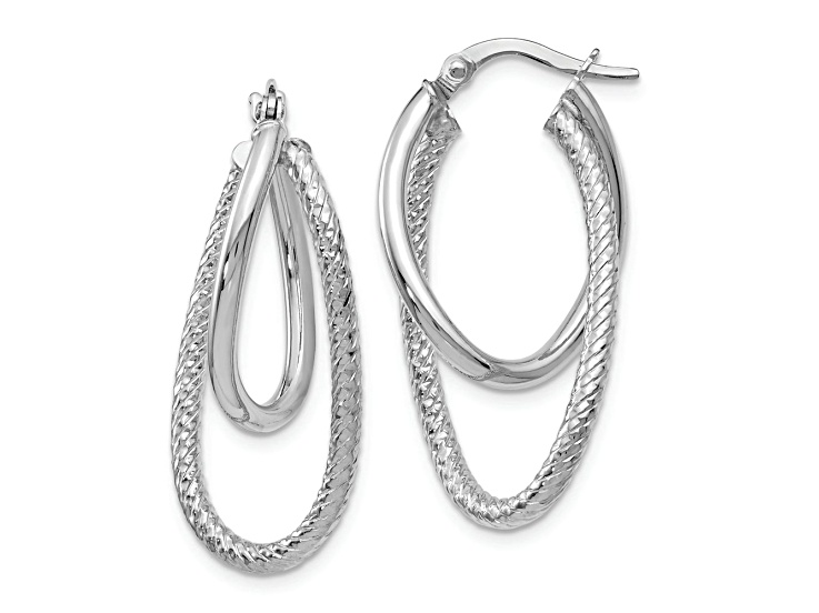 Rhodium Over 14k White Gold 1 1/8 inch Polished and Textured Hinged Hoop Earrings