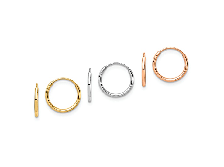 14K Tri-color 3-pair Hoop Earrings Set