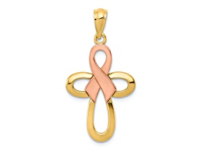 14K Two-tone Gold  Polished Pink Ribbon Cross Pendant