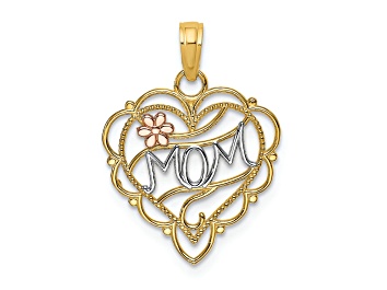 Picture of 14k Yellow Gold and 14k Rose Gold with Rhodium Over 14k Yellow Gold Textured Mom Heart Flower Charm