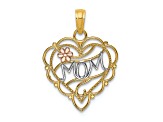 14k Yellow Gold and 14k Rose Gold with Rhodium Over 14k Yellow Gold Textured Mom Heart Flower Charm