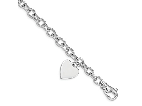 Rhodium Over 14k White Gold Polished Link with Heart Charm Bracelet