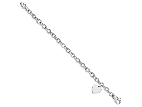 Rhodium Over 14k White Gold Polished Link with Heart Charm Bracelet