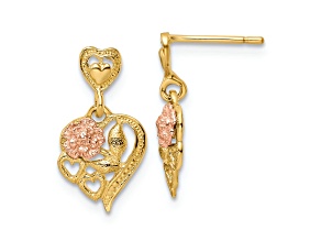 14K Yellow Gold and 14K Rose Gold Textured Heart with Flower Dangle Earrings