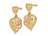 14K Yellow Gold and 14K Rose Gold Textured Heart with Flower Dangle Earrings