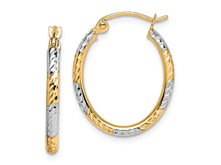 10k Yellow Gold and Rhodium Over 10k Yellow Gold Diamond-Cut Patterned 13/16" Oval Hoop Earrings