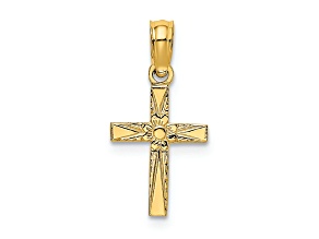 10K Yellow Gold Polished and Textured Mini Cross with Flower Charm