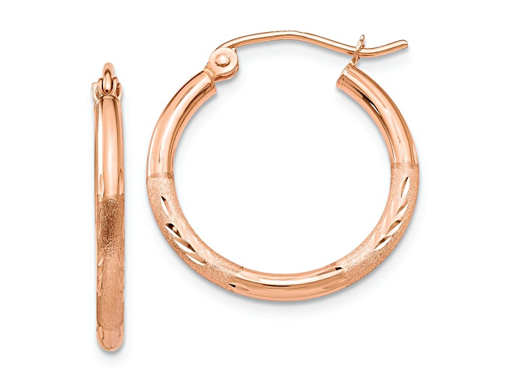 14k Rose Gold Satin and Diamond-Cut 13/16" Hoop Earrings
