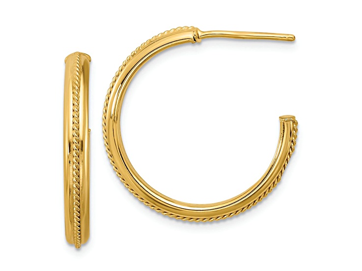 14k Yellow Gold 15/16 inch Polished and Textured Round J-Hoop Earrings