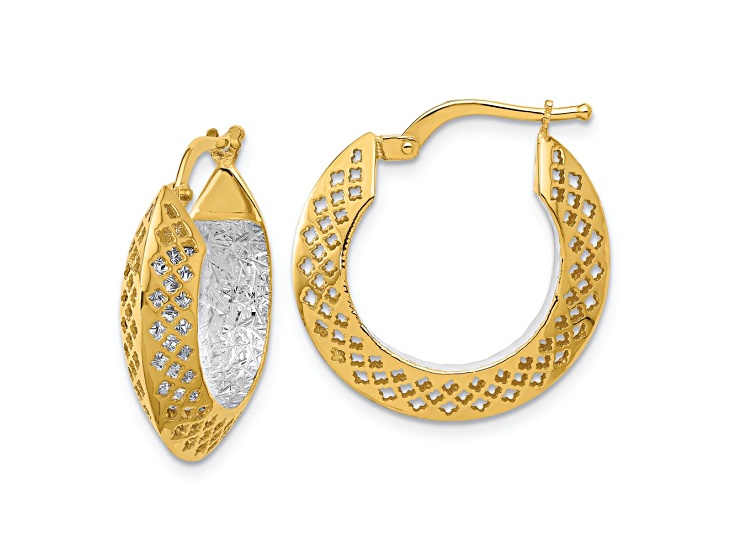 14K Two-tone Gold 13/16 inch Polished and Diamond-cut Hoop Earrings