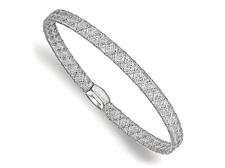 14k Yellow Gold and Rhodium Over 14k Yellow Gold 4mm Fancy Mesh Stretchable Bangle Bracelet