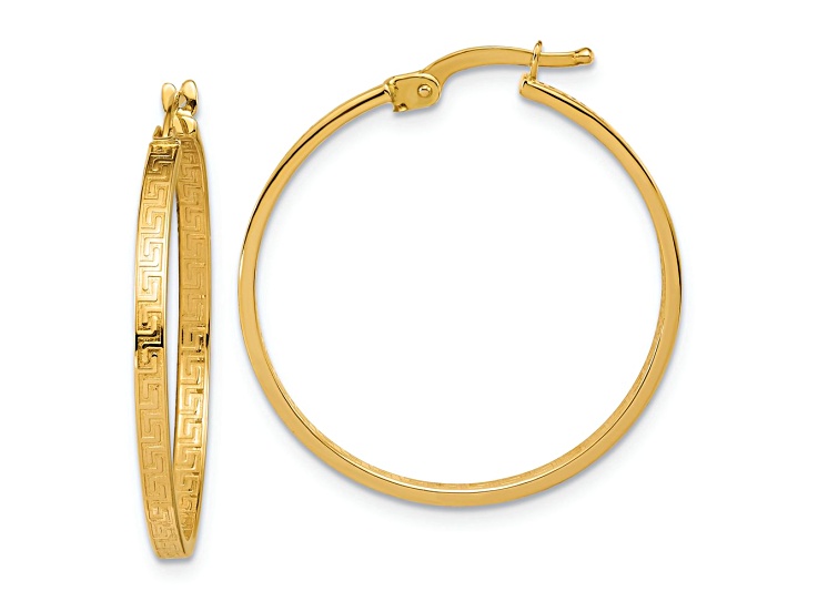 14k Yellow Gold 1 1/8 inch Polished Greek Key Round Hoop Earrings