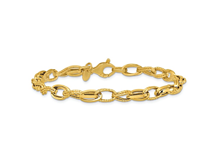 14k Yellow Gold Polished and Textured 0.75mm Fancy Oval Link Bracelet