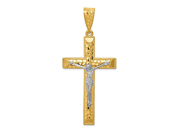 14K Two-tone Gold Diamond-Cut and Textured Crucifix Pendant