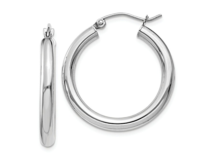 Rhodium Over 10k White Gold Polished 1/1" Tube Hoop Earrings