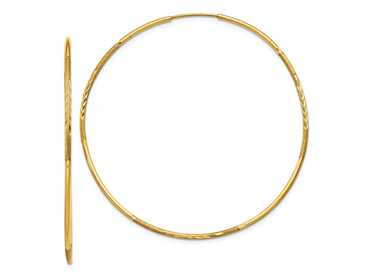 14k Yellow Gold Diamond-Cut and Satin 2" Endless Hoop Earrings