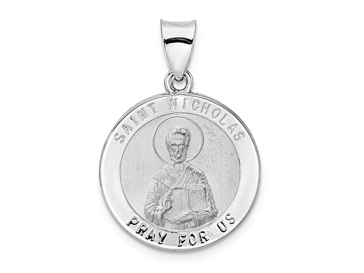 Rhodium Over 14k White Gold Polished and Satin Saint Nicholas Medal Pendant
