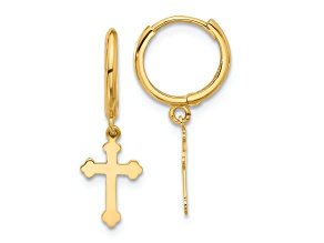 14k Yellow Gold 7/8" Hinged Dangle Cross Hoop Earrings