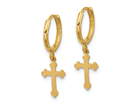 14k Yellow Gold 7/8" Hinged Dangle Cross Hoop Earrings