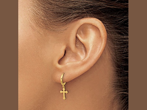 14k Yellow Gold 7/8" Hinged Dangle Cross Hoop Earrings