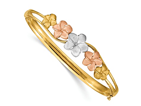 14k Tri-color Gold Brushed Diamond-Cut 11mm Plumeria Hinged Bangle