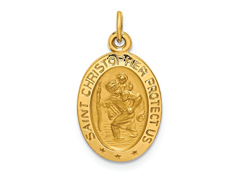 14k Yellow Gold Solid Polished and Satin Extra Small Oval Saint Christopher Medal Pendant